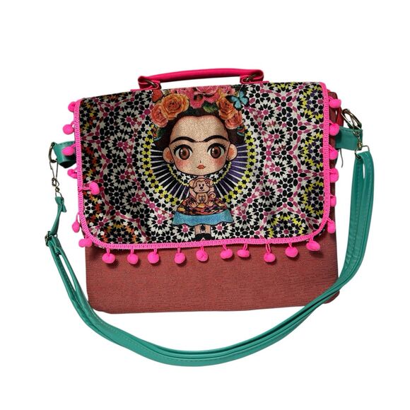 Frieda Kahlo Computer Messenger Bag Shoulder Strap Pink Tassels Mexico 14X12" - Picture 1 of 8